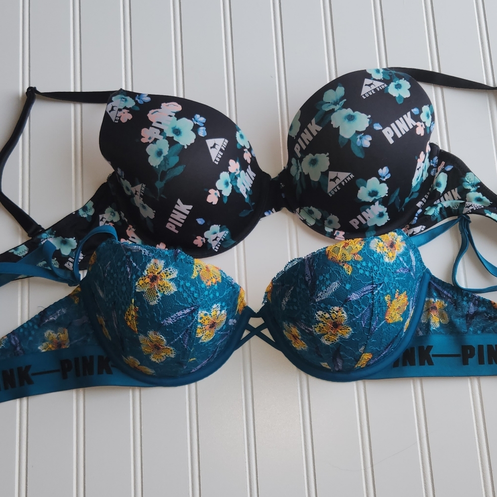 2 LN PINK Victoria's Secret Wear Everywhere T-Shirt Bra & Push Up Br…